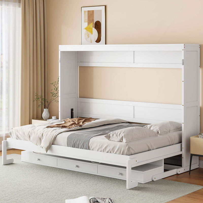 Grand lit escamotable mural avec rangement, armoire-lit pliable avec coiffeuse, miroir central et 2 tiroirs de rangement latéraux