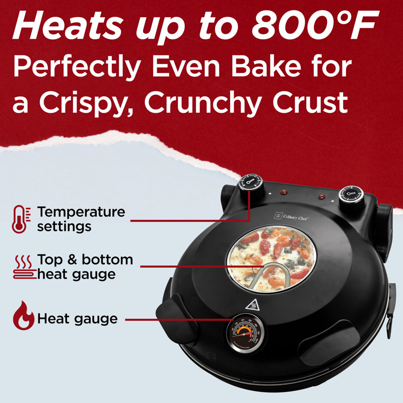 CULINARY CHEF Electric Pizza Oven with Ceramic Stone, Viewing Window, Adjustable Heat Control, Black