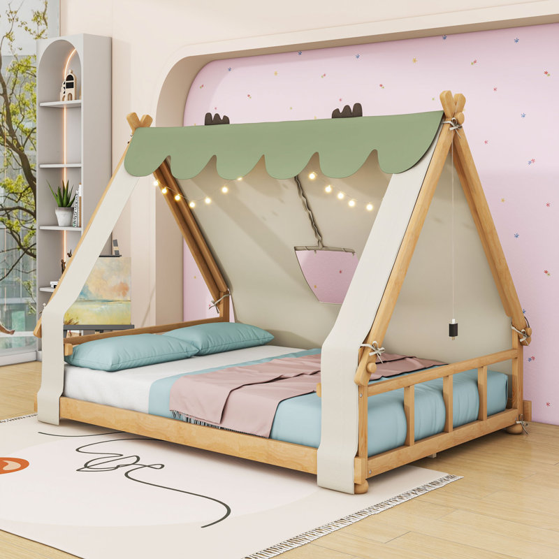 Lit plateforme en bois avec tente et design de maison, Double, Blanc