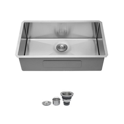 33" Undermount Kitchen Sink 16 Gauge Stainless Steel Single Bowl Basin, Brushed Nickel