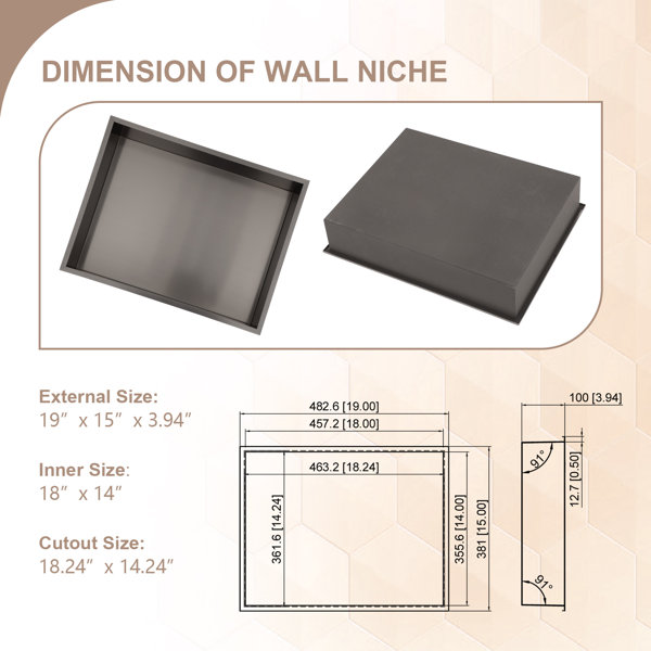 19x15 SUS304 Stainless Shower Niche Dimension Diagram