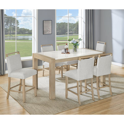 Ensemble de salle à manger 7 pièces à hauteur de comptoir, table en marbre véritable blanc et chaises rembourrées, mobilier de salle à manger en bois au fini chêne vieilli