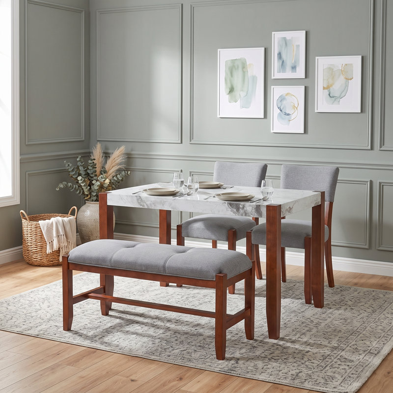 Ensemble de salle à manger moderne 4 pièces avec table en faux marbre, chaises rembourrées et banc pour la salle à manger