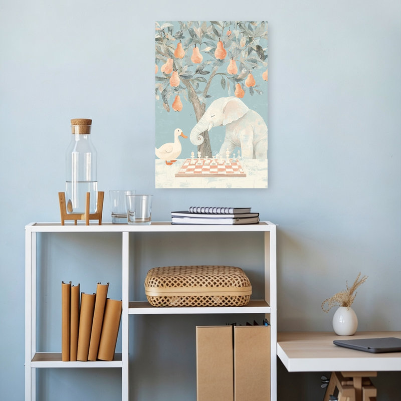 Elephant Duck Chess Game Whimsical Abstract Contemporary Duck Elephant Fruit Nature Wall Art Print by Mathieu - Wrapped Canvas Print