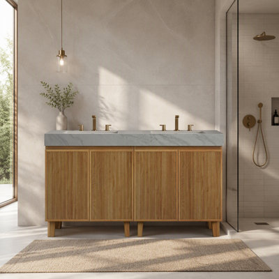 Meuble-lavabo de 60 po avec lavabo, meuble autoportant, grain de bois naturel, plateau en pierre frittée de couleur gris Carrara et lavabos en céramique, 3 trous de robinet pré-percés, ensemble sans robinet ni drain