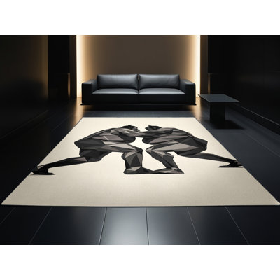 Tapis beige moelleux et moelleux à motif géométrique moderne Sumo Wrestler