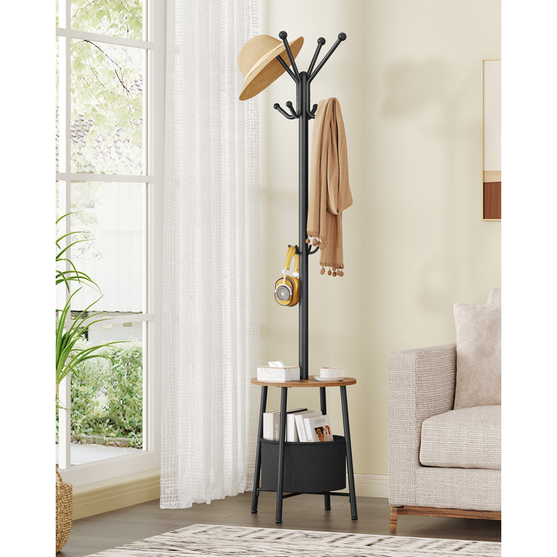 Coat Rack, Coat Stand with 12 Hooks for Small Space, Coats Tree with Large Storage Basket and 1 Shelf for Bag Jacket Hats, Hallway, Living Room, Bedroom, Office
