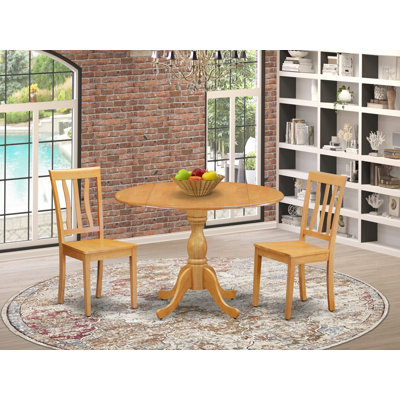3 Piece Kitchen Table & Chairs Set Contains a Round Dining Room Table with Dropleaf and 2 Solid Wood Seat Chairs, 42x42 Inch, Oak