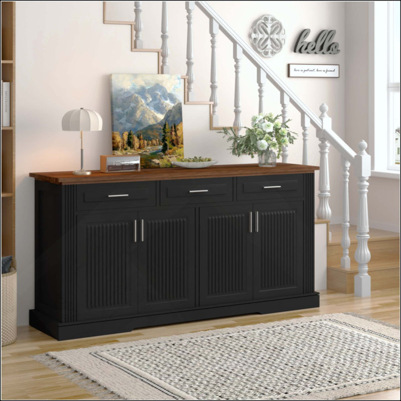 Buffet cannelé avec rangement, station de café moderne avec 4 portes et 3 tiroirs, console de rangement en bois pour le salon, la salle à manger et le vestibule