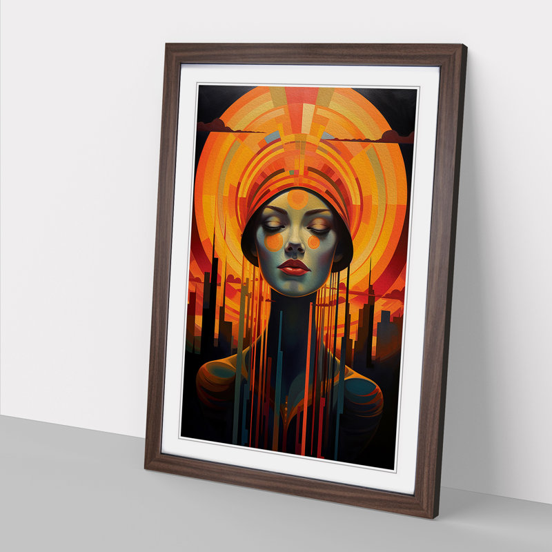 Sunset Art Deco No.2 - Single Picture Frame Print on Wood, 34cm H x 25cm W x 2cm D, Walnut
