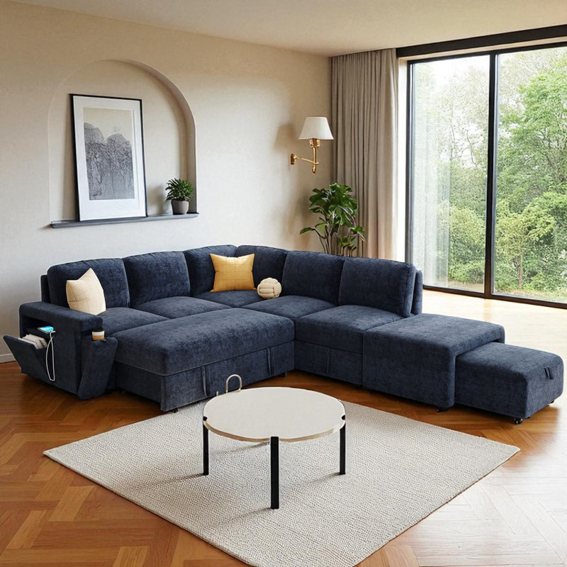 Canapé-lit modulaire en L rembourré avec ports USB, repose-pieds et rangement, Polyester bleu