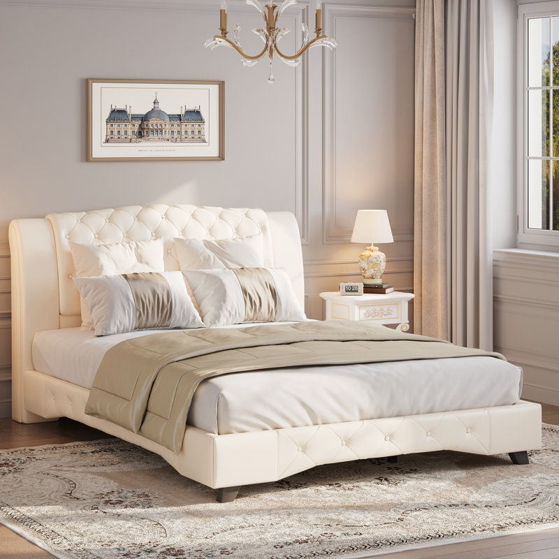 Lit plateforme tapissier néo-classique Aurelia, Beige, Grand lit