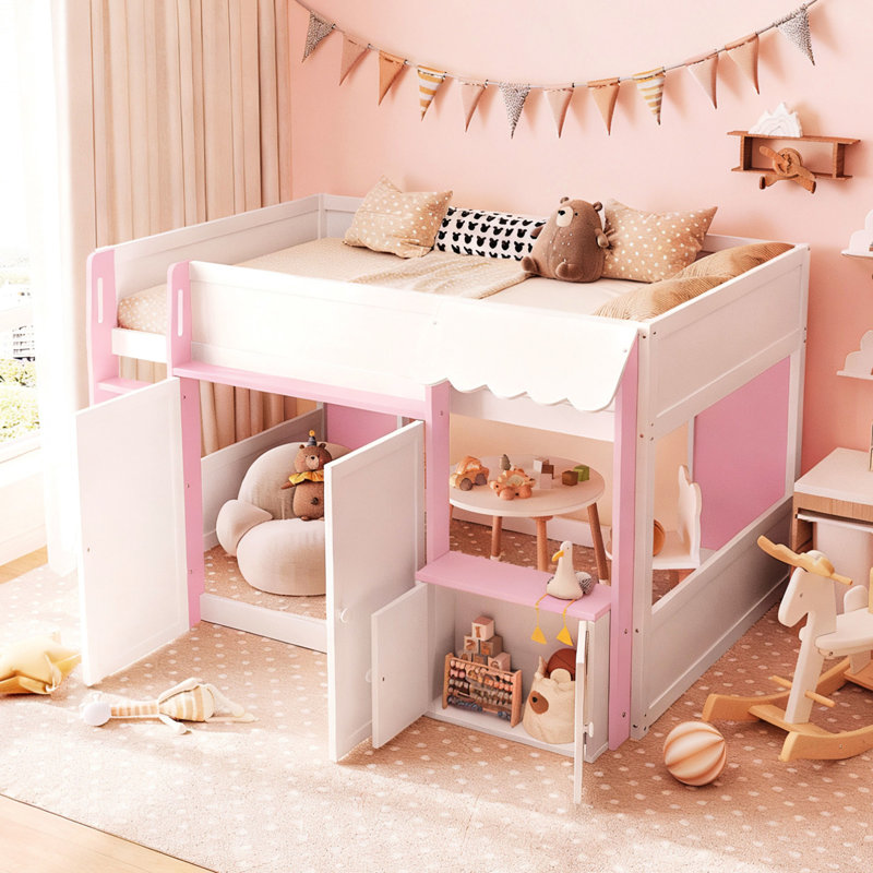 Lit mezzanine double blanc et rose, sécuritaire et stable pour dormir, avec zone de jeu inférieure, maisonnette, rose, activités