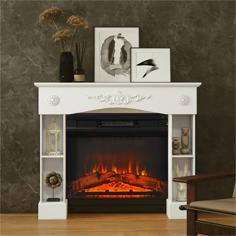 Foyers et accessoires avec fini blanc pur, rangement, bois de sapin et 45,3 x 39,4