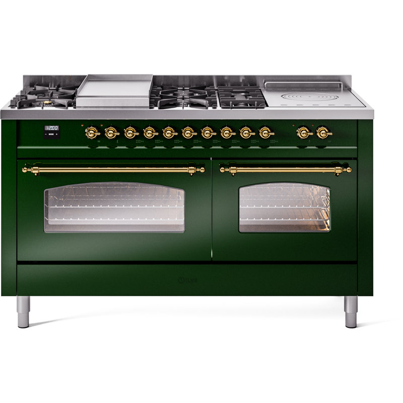 ILVE Nostalgie II 60 Dual Fuel Range, 5 Burners, Griddle, Frenchtop , Natural Gas, Emerald Green/Brass