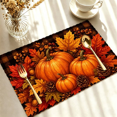 Ensemble de 4 napperons d'automne - Ensembles de table résistants à la chaleur, pour repas à l'intérieur et à l'extérieur, motif citrouilles orange et marron, pommes de pin et vichy
