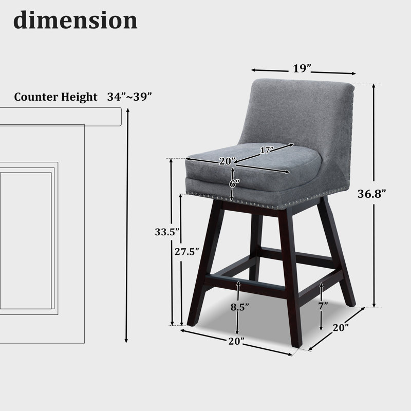 26.77 Inch Swivel Counter Height Bar Stool(Set of 2) With Open Back & Oak Wood Legs, Nailhead Trim For Pub, Bistro, Kitchen, Cafe
