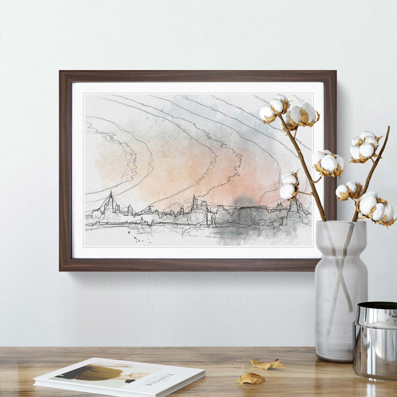 The Chicago Illinois Skyline in Abstract - Picture Frame Drawing Print, 48cm H x 65cm W x 2cm D, Walnut Framed