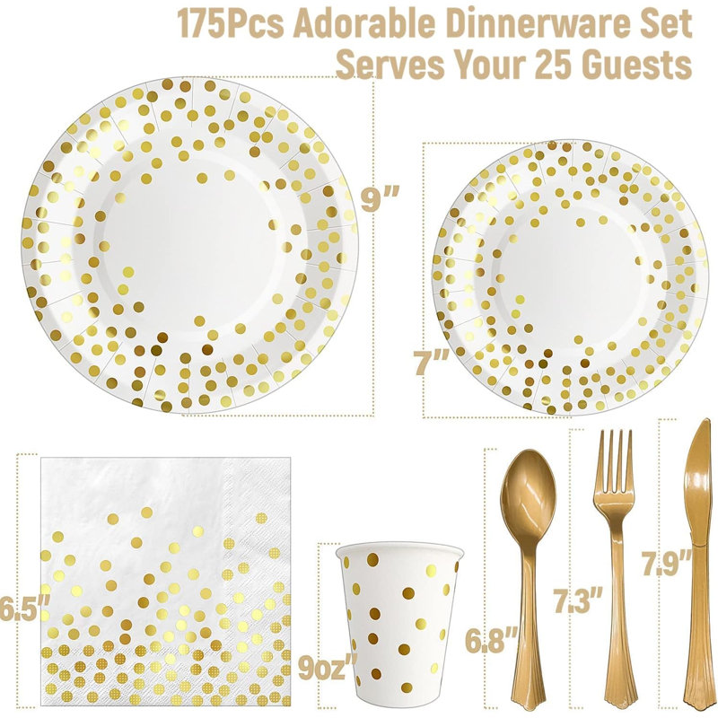 Vaisselle jetable 175 PCS pour 25 invités, ensemble de 175 assiettes en papier à pois or blanc, Blanc et doré