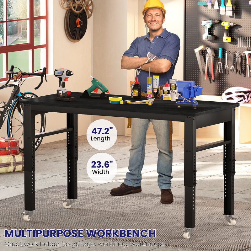 Alveston 47.24'' W Manufactured Wood Top Height-Adjustable Workbench with Wheels, Black