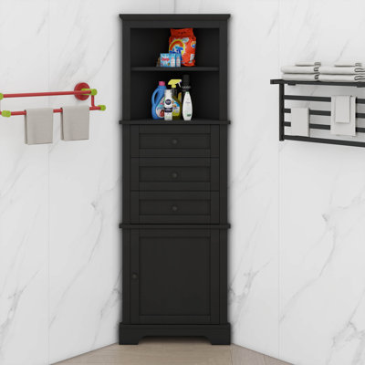 Tall Triangular Corner Cabinet With Triple Drawers And Customizable Shelves For Bathroom Kitchen