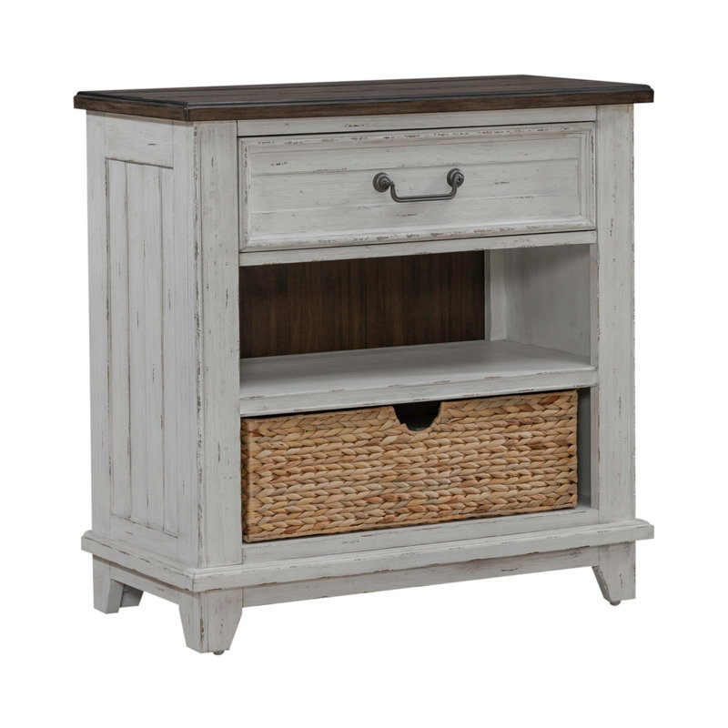 Commode de chevet Chalita avec tablette et panier ouverts, 1 tiroir et station de charge intégrée