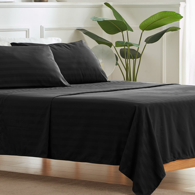 Sateen Striped Sheet Set, Twin Sheet Set + Fitted Sheet and 1 Pillowcase, Black