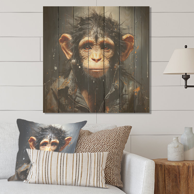 Jungle en costume - Portrait de singe I - animal singe sur bois, H 15 po x l 15 po