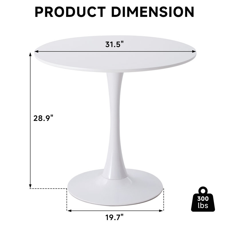 31.5" Round Dining Table for 4 Modern Circle Tulip Table with Metal Tulip Pedestal Base for Kitchen Dining Living Room Apartment Small Space Cafe, White