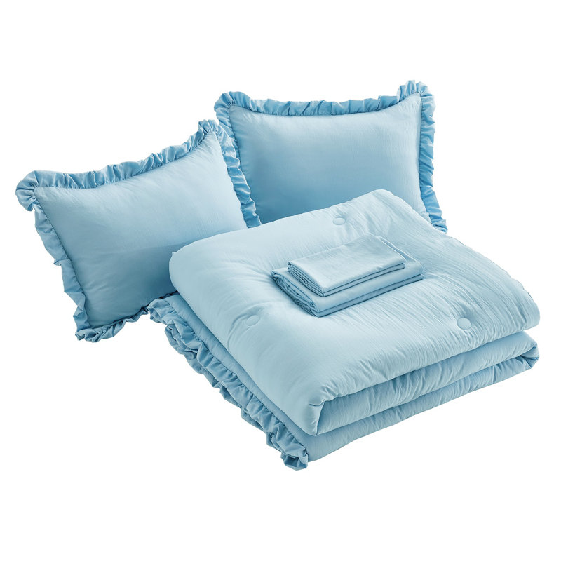 Ruffled Edge Microfiber Bed in a Bag Comforter Set, Chambray Blue, Oversized Queen Comforter + 6 Additional Pieces