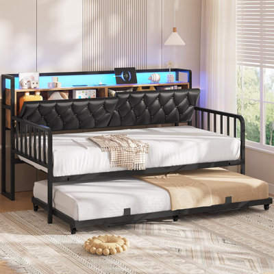 Upholstered Sofa Bed Frame, Twin Day Bed With Charging Station & Led Lights, Metal Trundle Bed Twin With Hidden Storage Headboard