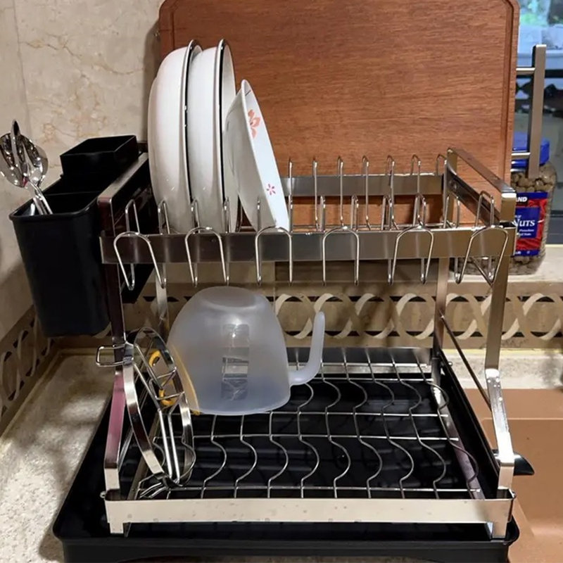 Two-Tier Stainless Rust-Resistant Adjustable Dish Rack, Silver