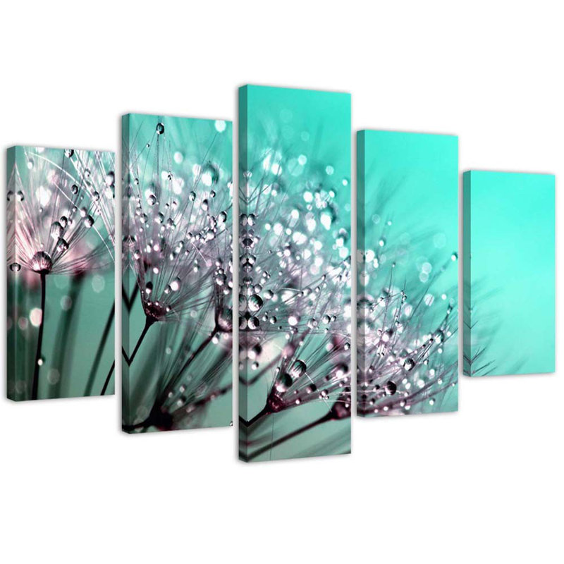 Turquoise Flower Fan - 5 Piece No Frame Print on Canvas, 100cm H x 150cm W