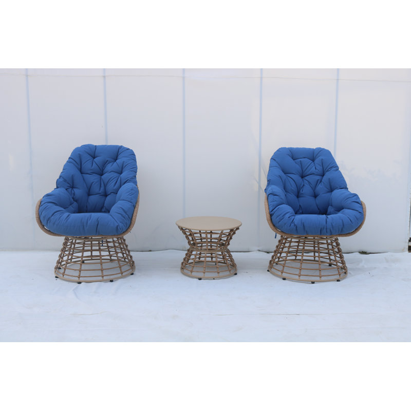 3 Piece Patio Bistro Rattan Swivel Chair&table Set With Cushions, Blue
