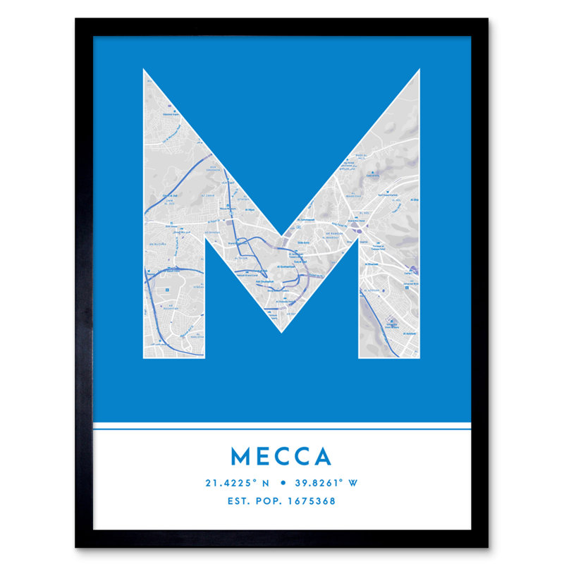 Mecca City Map Mecca Blue by Wee Blue Coo - Single Picture Frame Typography
