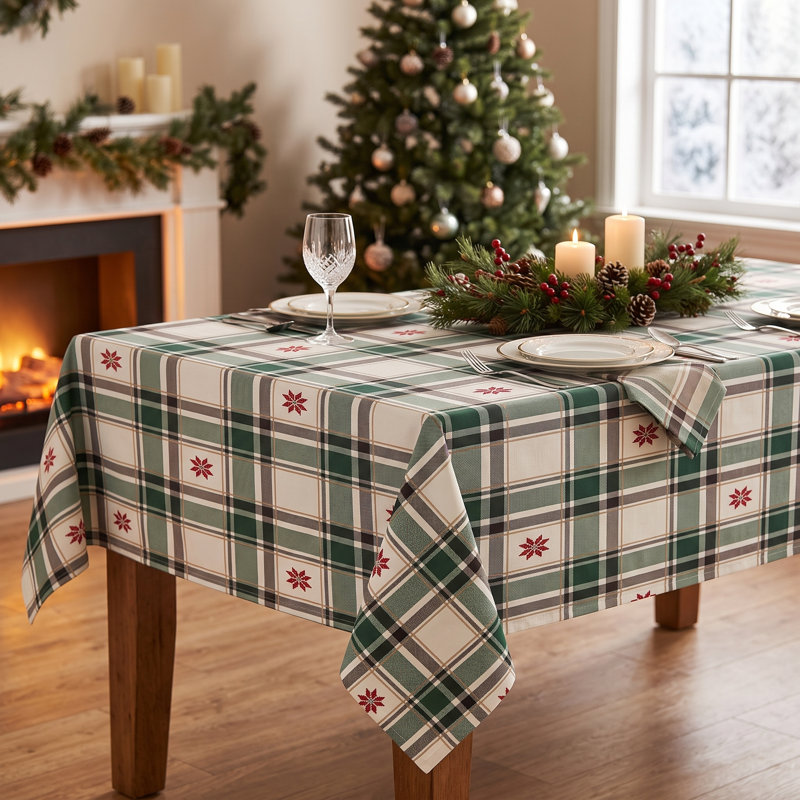 Nappe de Noël rectangulaire, motif écossais vert givré et ivoire, tissé et imprimé, 132 x 178 cm