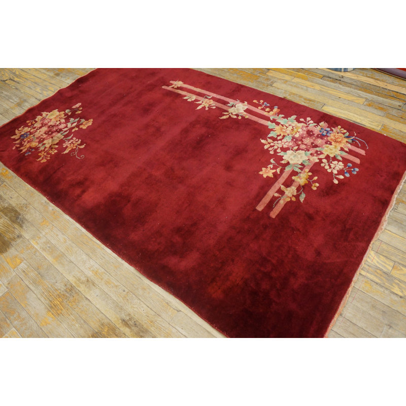 Luxurious Soft Plush Wool Pile Antique Red Chinese Deco Small Size Area Rug