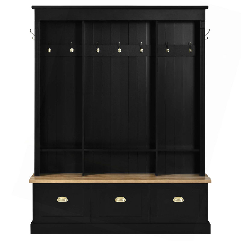Hall Tree With 9 Hooks,Roman Column Design Natural Storage Bench With 3 Large Cabinets And LED Light, Black