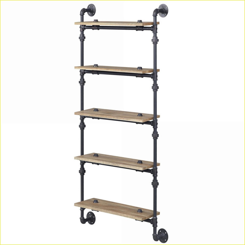 Tablette murale, chêne industriel à 5 niveaux et bois noir sableux + métal H 59,5 po x l 28,5 po x P 9,5 po | Bois et métal | Dossier ouvert