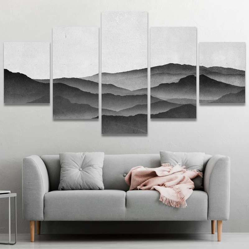 " Black And White Grayscale Misty Mountain Range Valley View Abstract Nature " 5 - Pieces