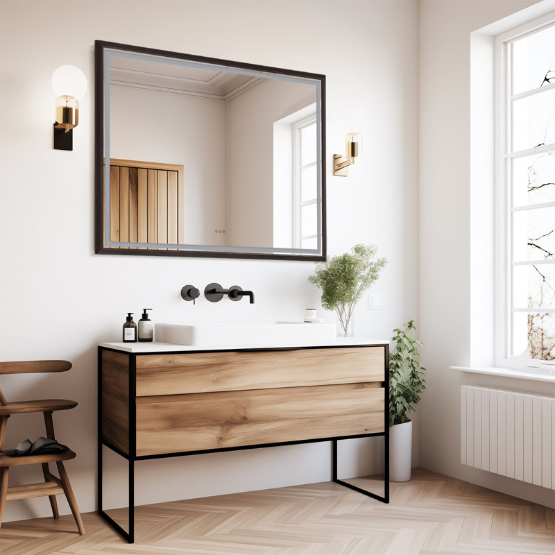 Wood Grain Aluminum Frame Led Frontlit Lighted Bathroom Vanity Mirror, Anti-fog/stepless Dimmable/3 Colors Adjustable