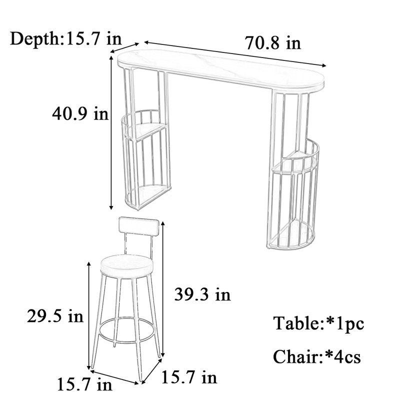 Tables et chaises de bar de cuisine modernes, H 40,9 po x L 70,8 po x l 15,7 po, Vert/doré, Doré