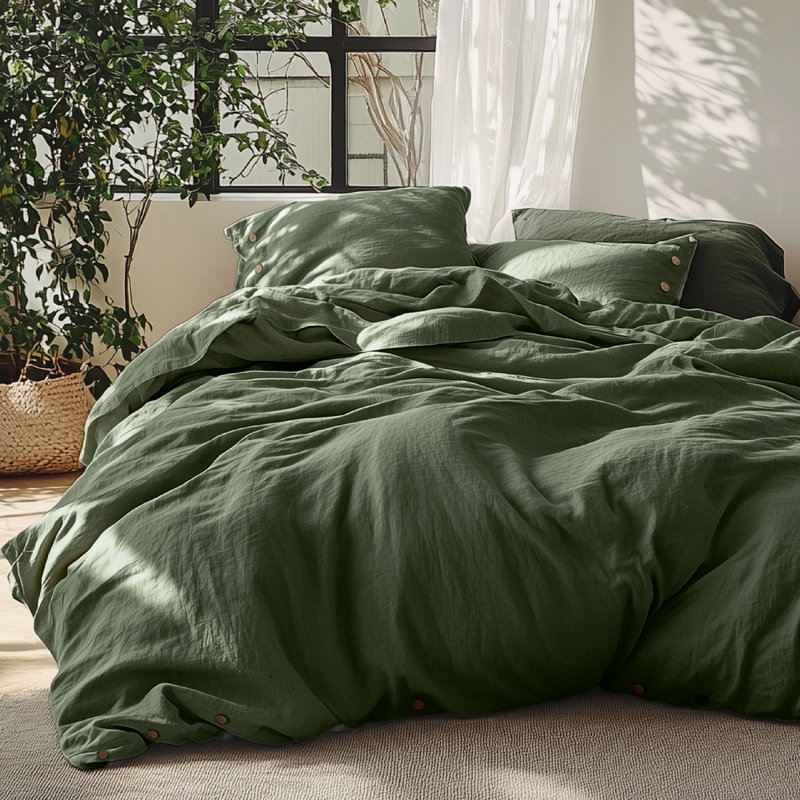 Bedsure Linen Cotton Blend Duvet Cover Set, Queen Duvet Cover + 2 Standard Pillowcases, Olive Green
