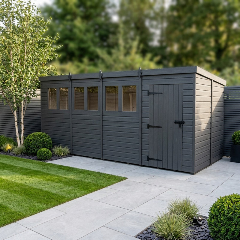 Total Sheds 19ft x 8ft Composite Pent Garden Shed - Single Door - With Windows - EPDM Rubber Roof - UK Manufactured