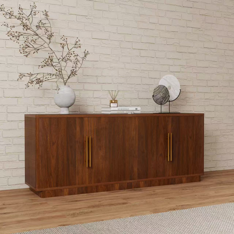 70"W Walnut Modern Fluted TV Stand for TV up to 78" with Storage, Brown Wood