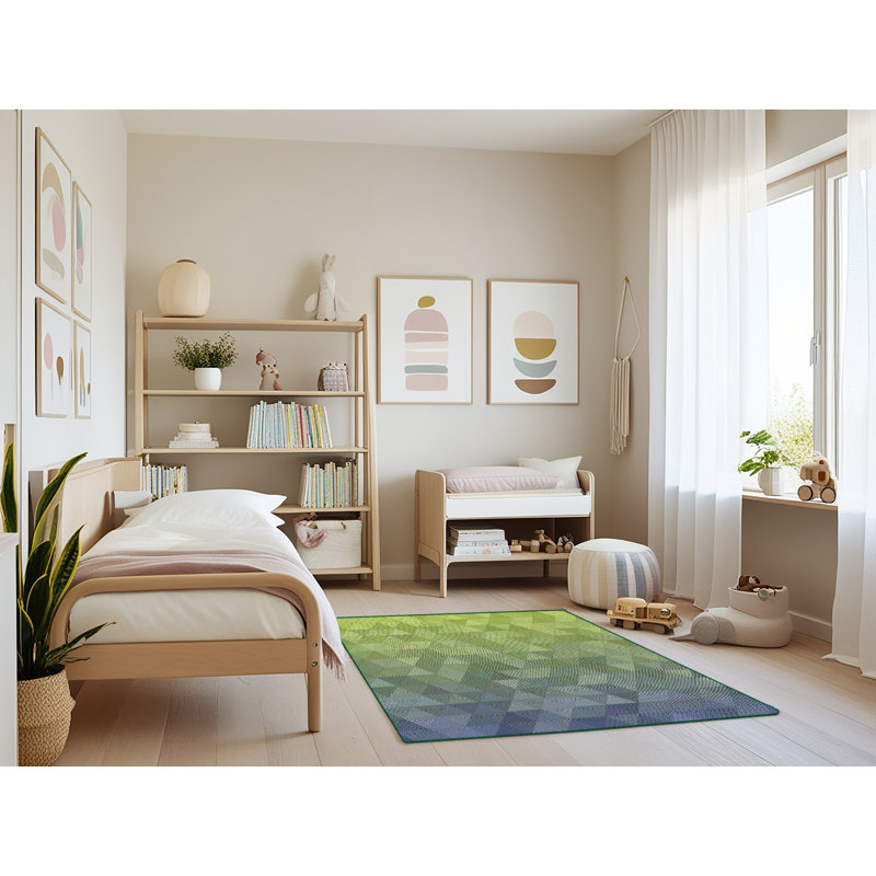 Tapis vert/bleu foncé à motifs, Rectangle 3 pi x 5 pi
