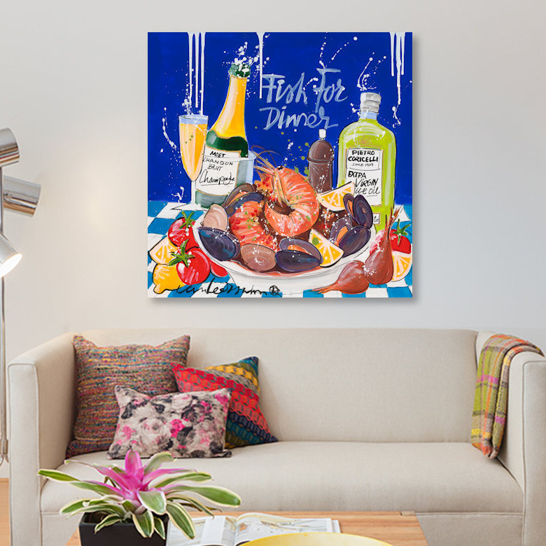 " Fish For Dinner " by El Van Leersum, 12" H x 12" W x 1.5" D, No Mat, Wrapped Canvas