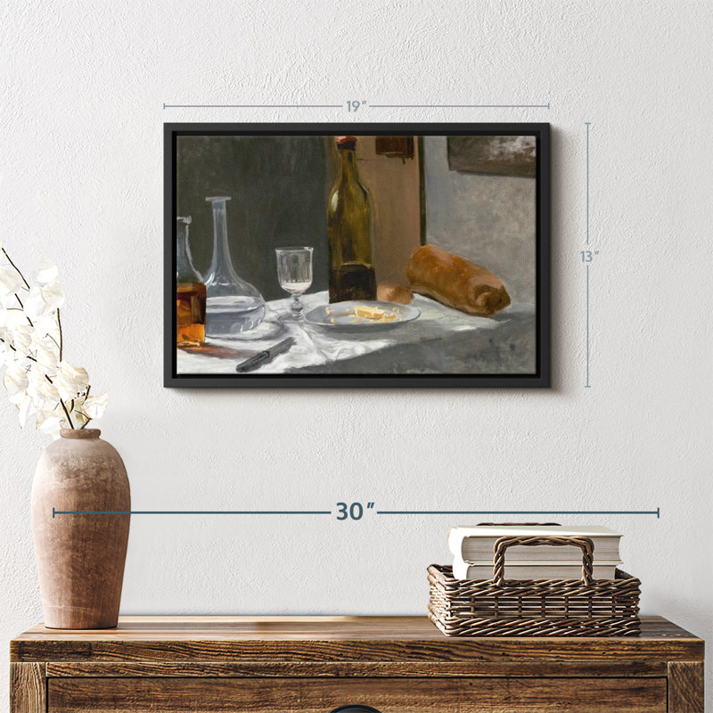"Nature morte avec bouteille de carafe à pain et vin 1862-1863", H 13 po x l 19 po