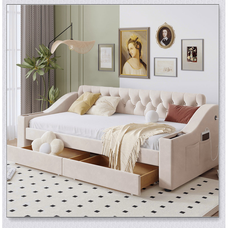 Lit de jour rembourré avec accoudoirs de rangement et port USB, Beige