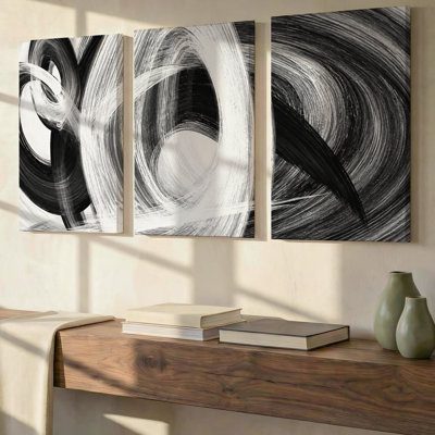 3 Pieces Exculisive Black and White Brushstroke Abstract Wall Art Modern Panoramic Canvas Decor, Canvas Decor for Living Room, Bedroom and Office